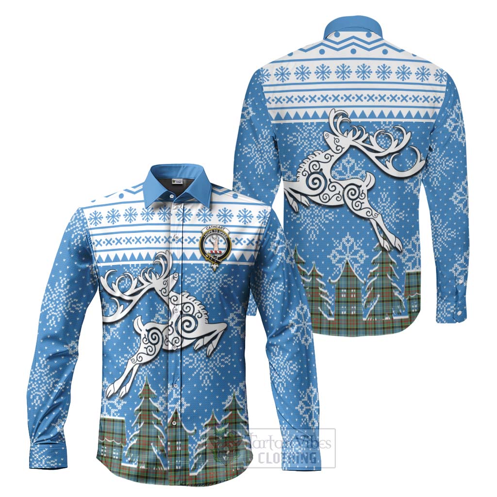 Tartan Vibes Clothing Cathcart Clan Christmas Long Sleeve Button Shirt Celtic Reindeer Style