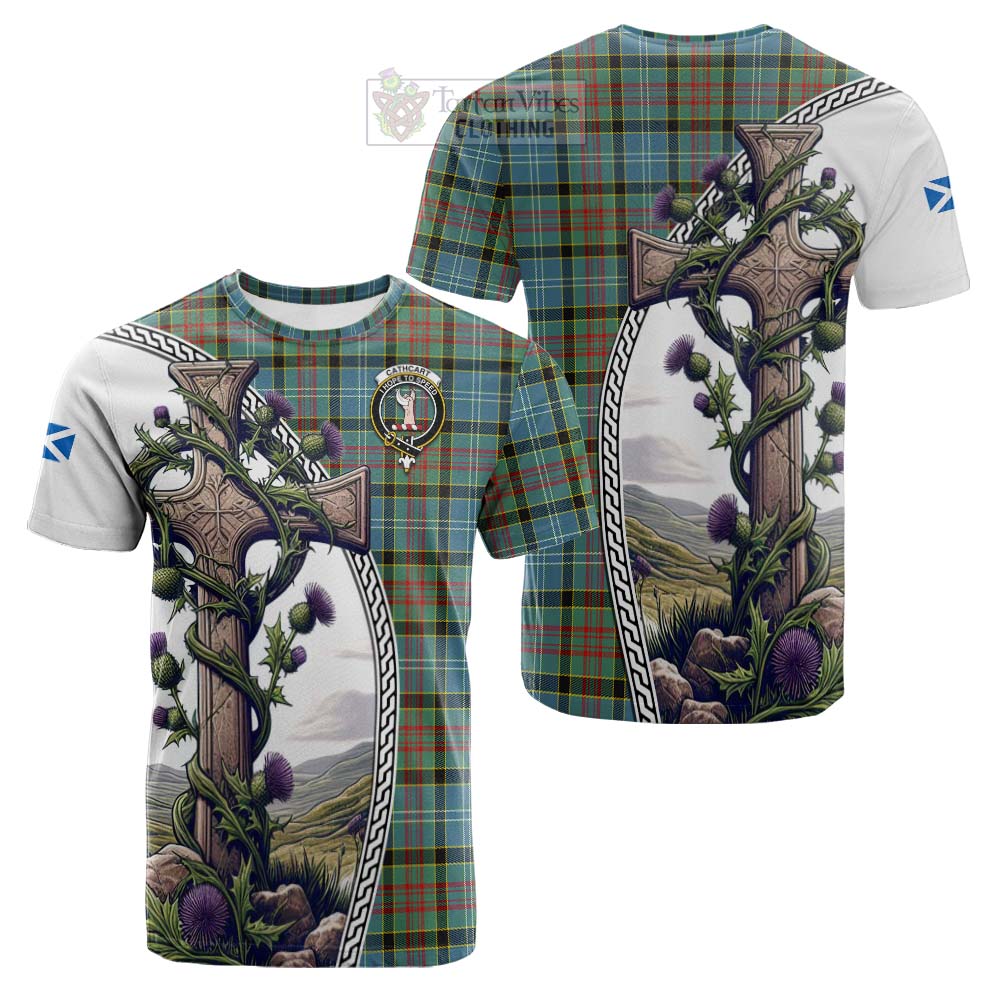 Tartan Vibes Clothing Cathcart Tartan Cotton T-shirt with Family Crest and St. Andrew's Cross Accented by Thistle Vines