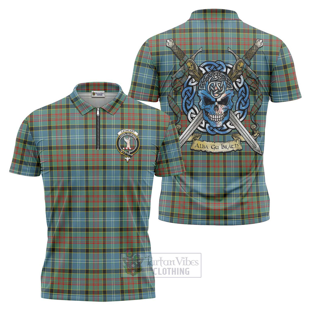 Tartan Vibes Clothing Cathcart Tartan Zipper Polo Shirt with Family Crest Celtic Skull Style