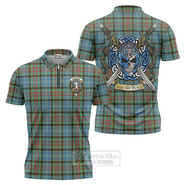 Cathcart Tartan Zipper Polo Shirt with Family Crest Celtic Skull Style