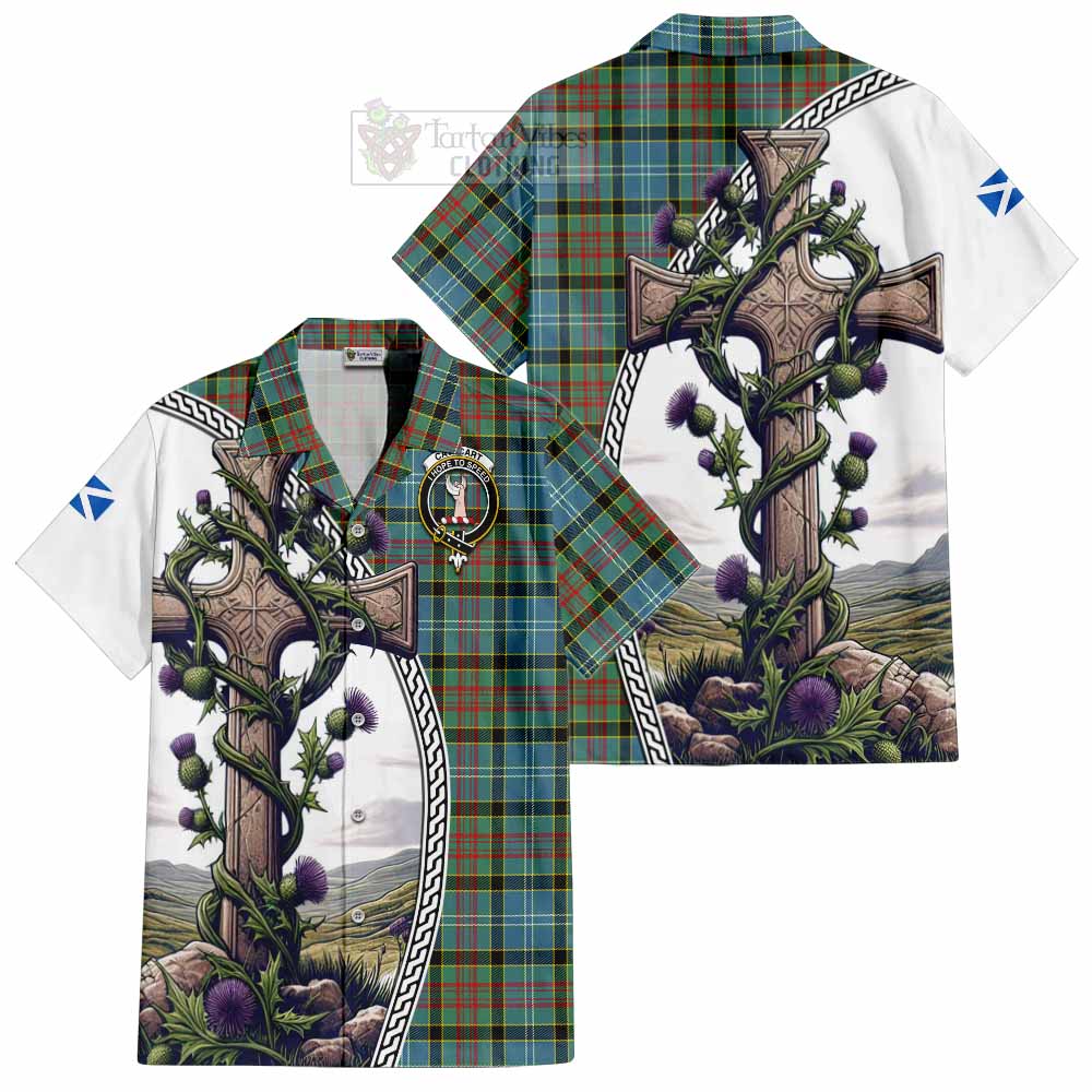 Tartan Vibes Clothing Cathcart Tartan Short Sleeve Button Shirt with Family Crest and St. Andrew's Cross Accented by Thistle Vines