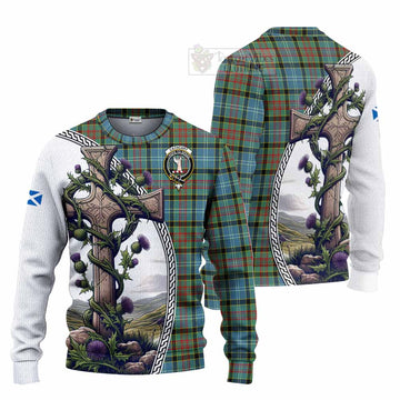 Cathcart Tartan Knitted Sweater with Family Crest and St. Andrew's Cross Accented by Thistle Vines