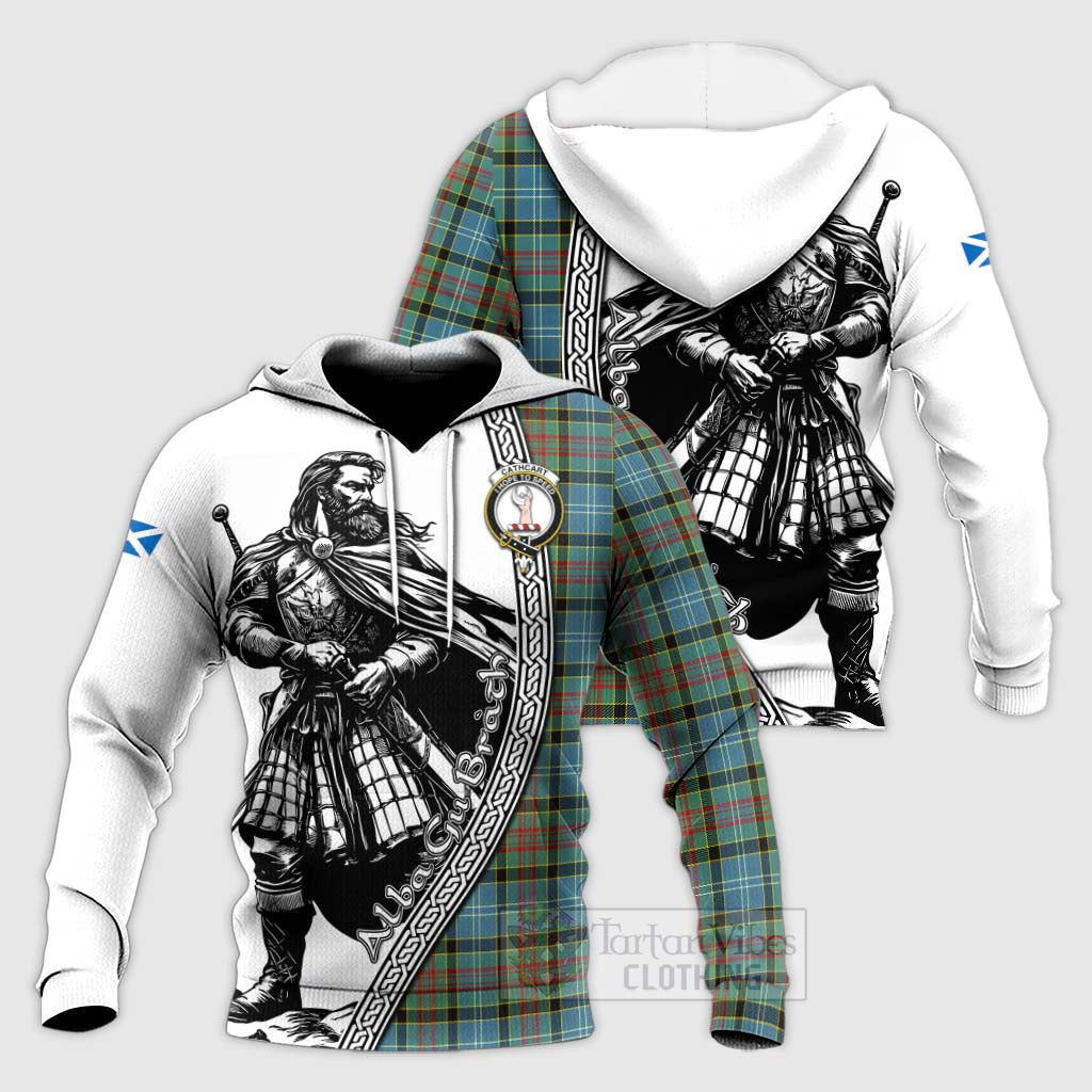 Tartan Vibes Clothing Cathcart Tartan Clan Crest Knitted Hoodie with Highlander Warrior Celtic Style