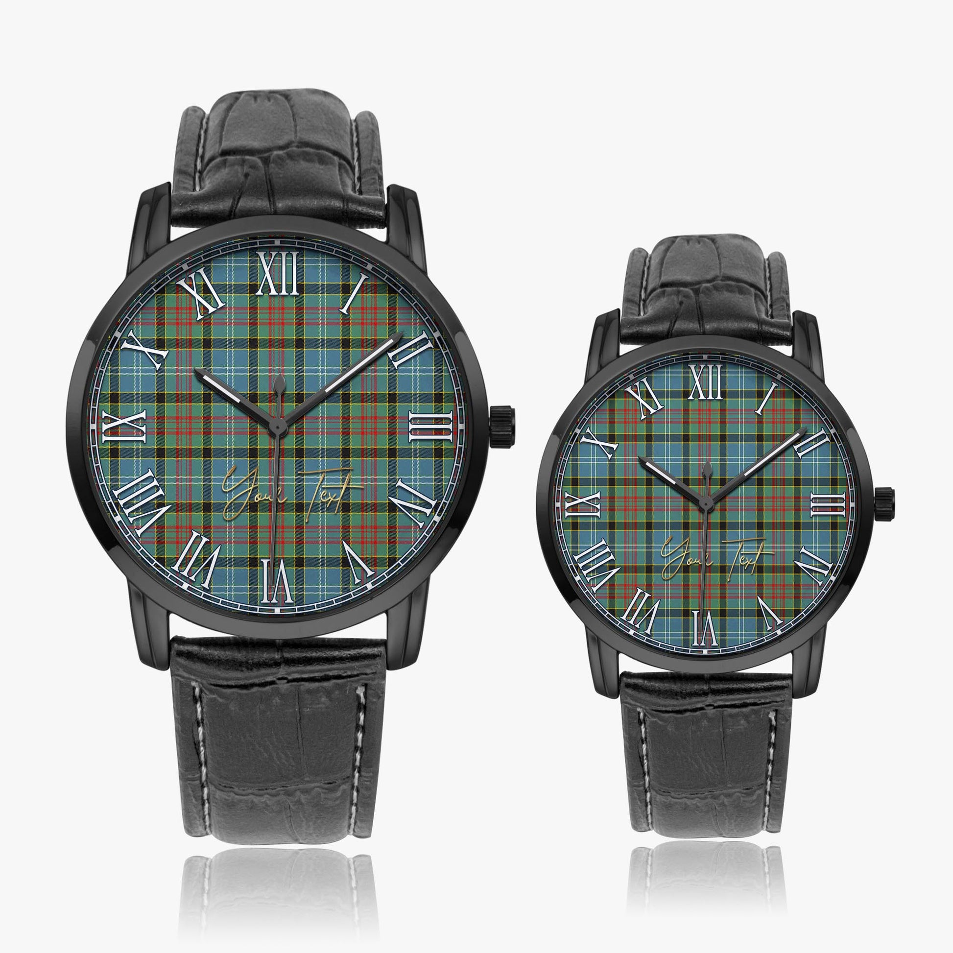 Cathcart Tartan Personalized Your Text Leather Trap Quartz Watch Wide Type Black Case With Black Leather Strap - Tartanvibesclothing