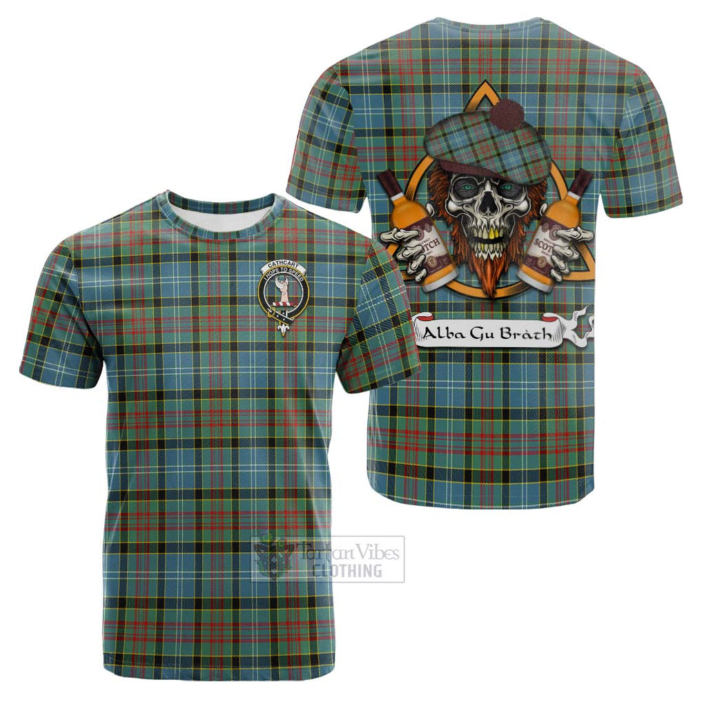 Tartan Vibes Clothing Cathcart Tartan Cotton T-shirt with Family Crest and Bearded Skull Holding Bottles of Whiskey