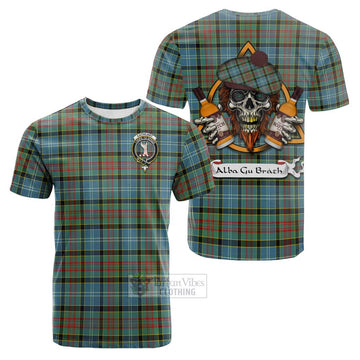 Cathcart Tartan Cotton T-shirt with Family Crest and Bearded Skull Holding Bottles of Whiskey