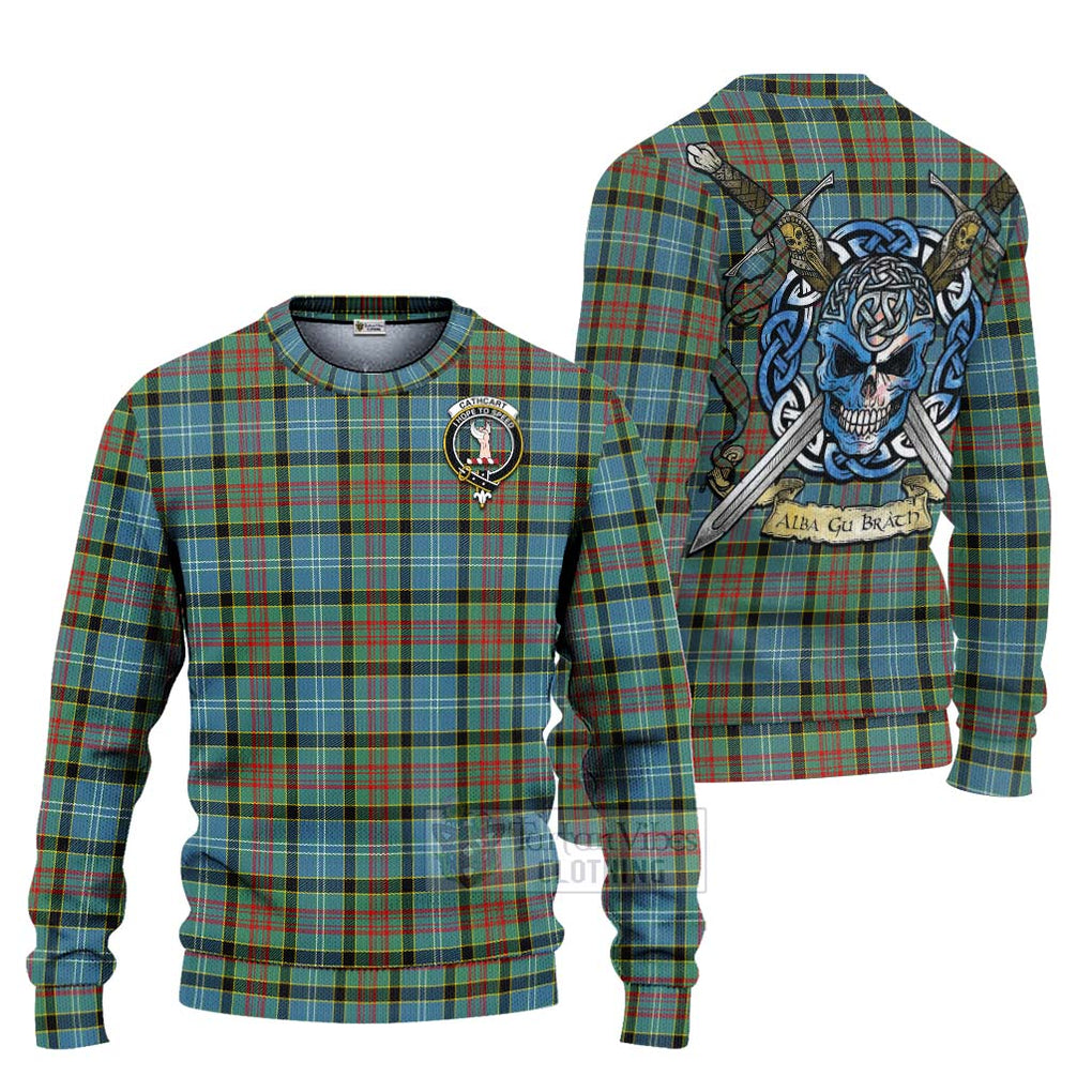 Tartan Vibes Clothing Cathcart Tartan Knitted Sweater with Family Crest Celtic Skull Style