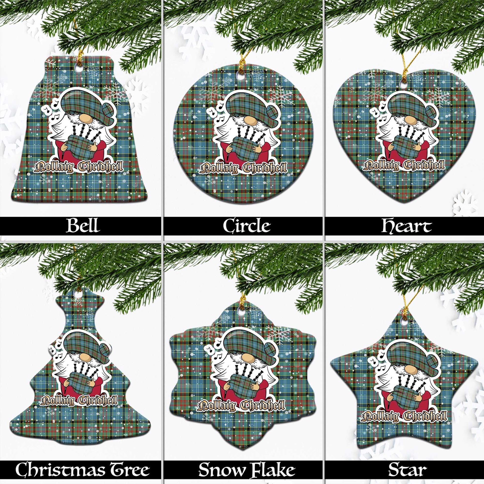 Cathcart Tartan Christmas Ornaments with Scottish Gnome Playing Bagpipes Ceramic - Tartanvibesclothing