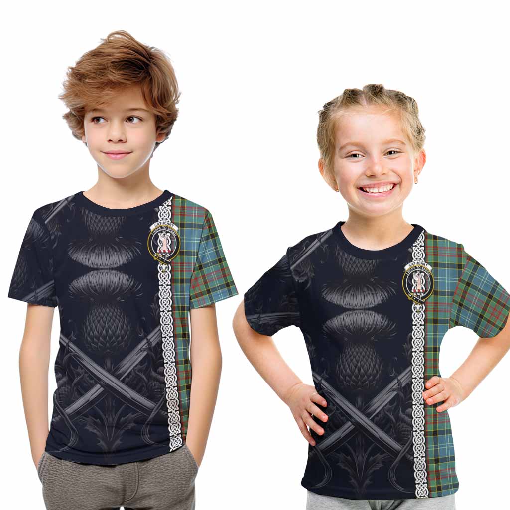 Tartan Vibes Clothing Cathcart Tartan Kid T-Shirt with Family Crest Cross Sword Thistle Celtic Vibes