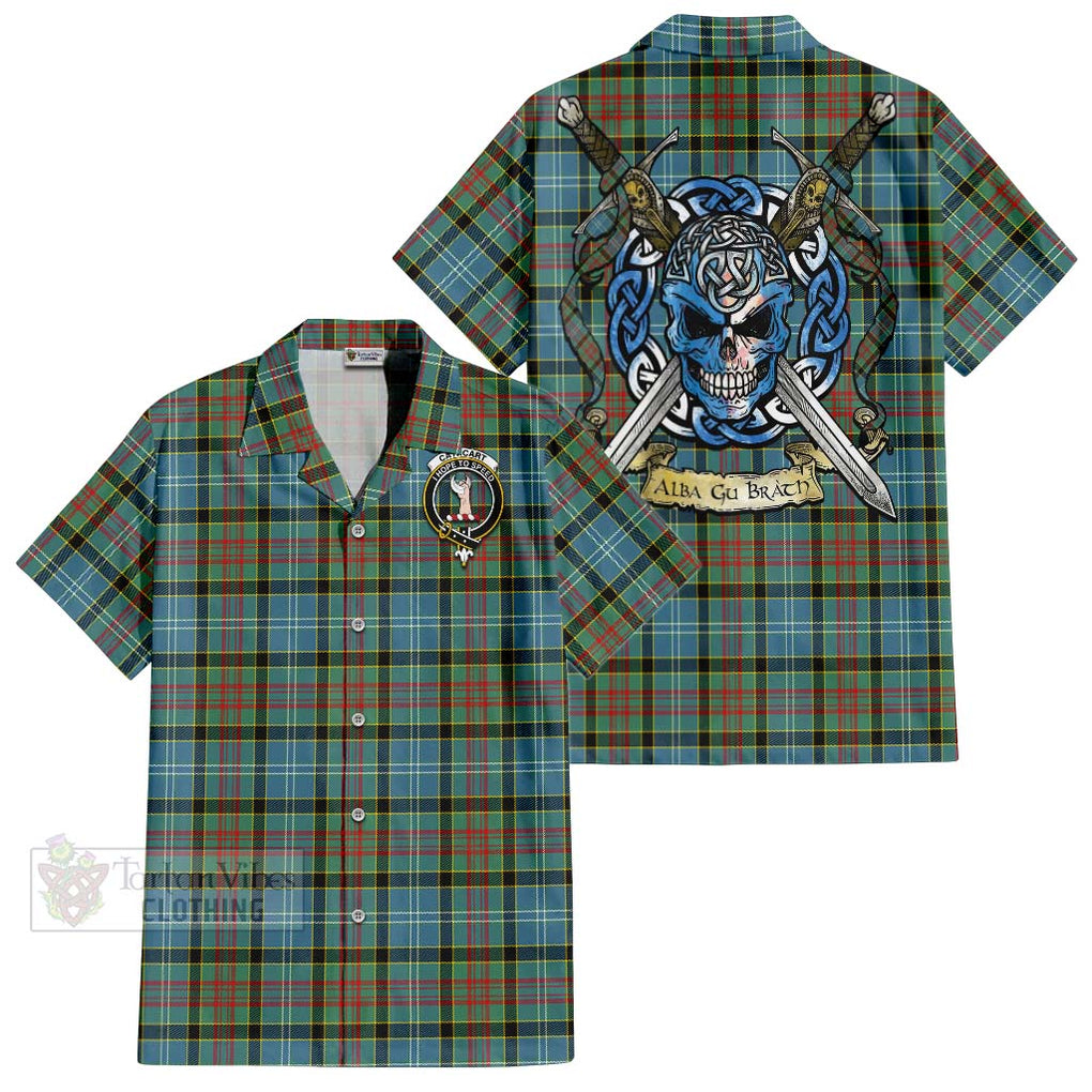 Tartan Vibes Clothing Cathcart Tartan Short Sleeve Button Shirt with Family Crest Celtic Skull Style