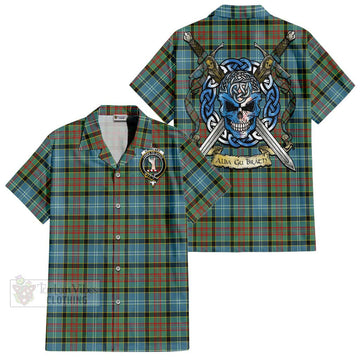 Cathcart Tartan Short Sleeve Button Shirt with Family Crest Celtic Skull Style