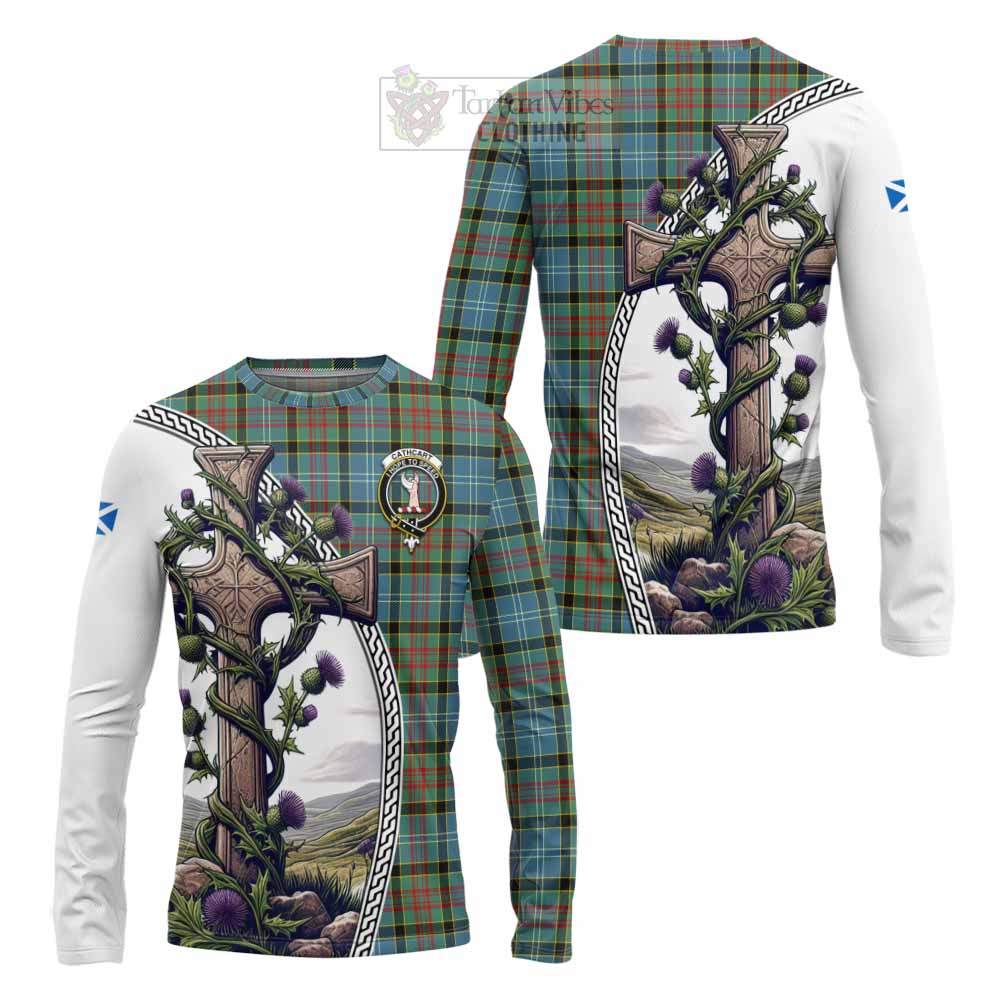 Tartan Vibes Clothing Cathcart Tartan Long Sleeve T-Shirt with Family Crest and St. Andrew's Cross Accented by Thistle Vines