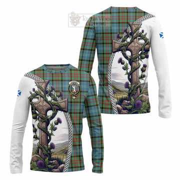 Cathcart Tartan Long Sleeve T-Shirt with Family Crest and St. Andrew's Cross Accented by Thistle Vines