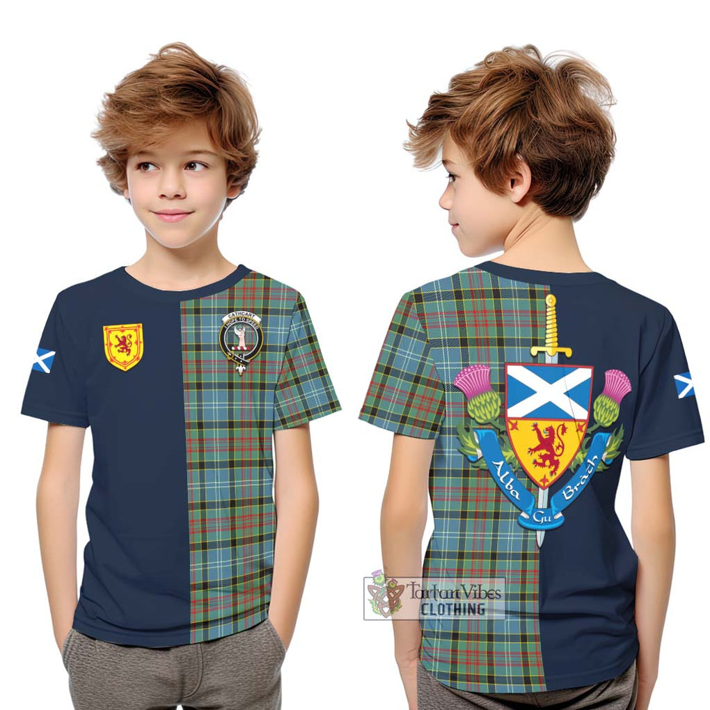 Tartan Vibes Clothing Cathcart Tartan Kid T-Shirt with Scottish Lion Royal Arm Half Style