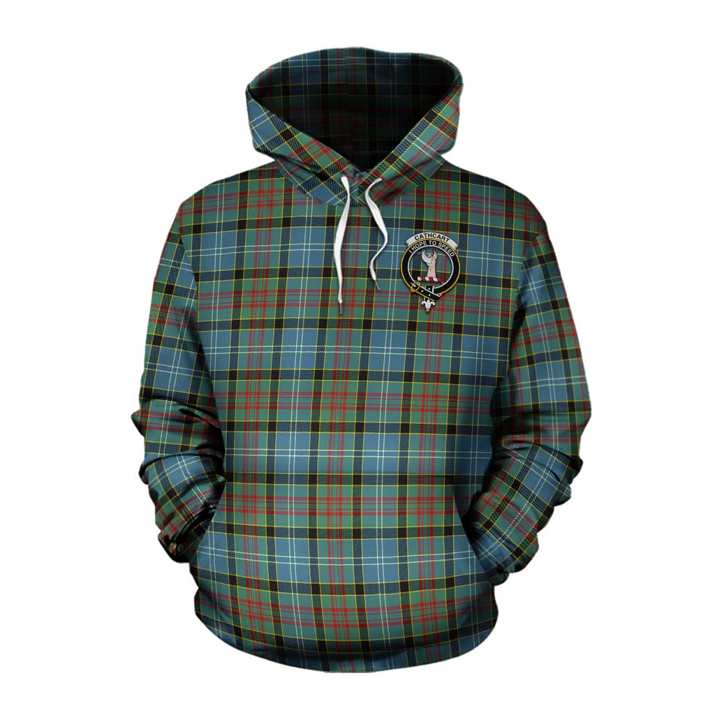 Tartan Vibes Clothing Cathcart Tartan Cotton Hoodie with Family Crest and Bearded Skull Holding Bottles of Whiskey