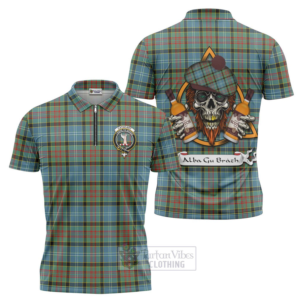 Tartan Vibes Clothing Cathcart Tartan Zipper Polo Shirt with Family Crest and Bearded Skull Holding Bottles of Whiskey