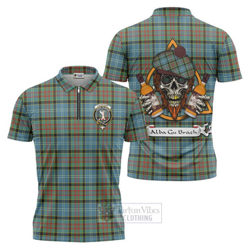 Cathcart Tartan Zipper Polo Shirt with Family Crest and Bearded Skull Holding Bottles of Whiskey