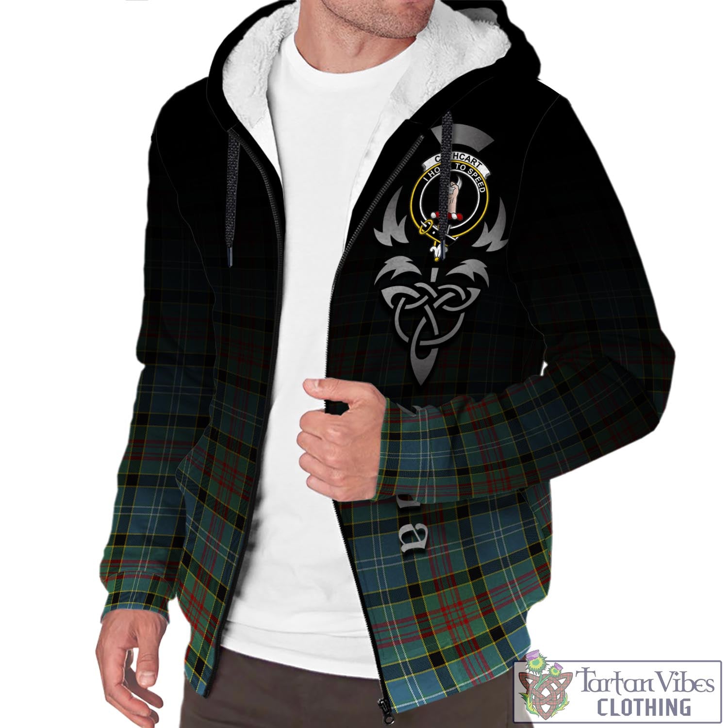 Tartan Vibes Clothing Cathcart Tartan Sherpa Hoodie Featuring Alba Gu Brath Family Crest Celtic Inspired