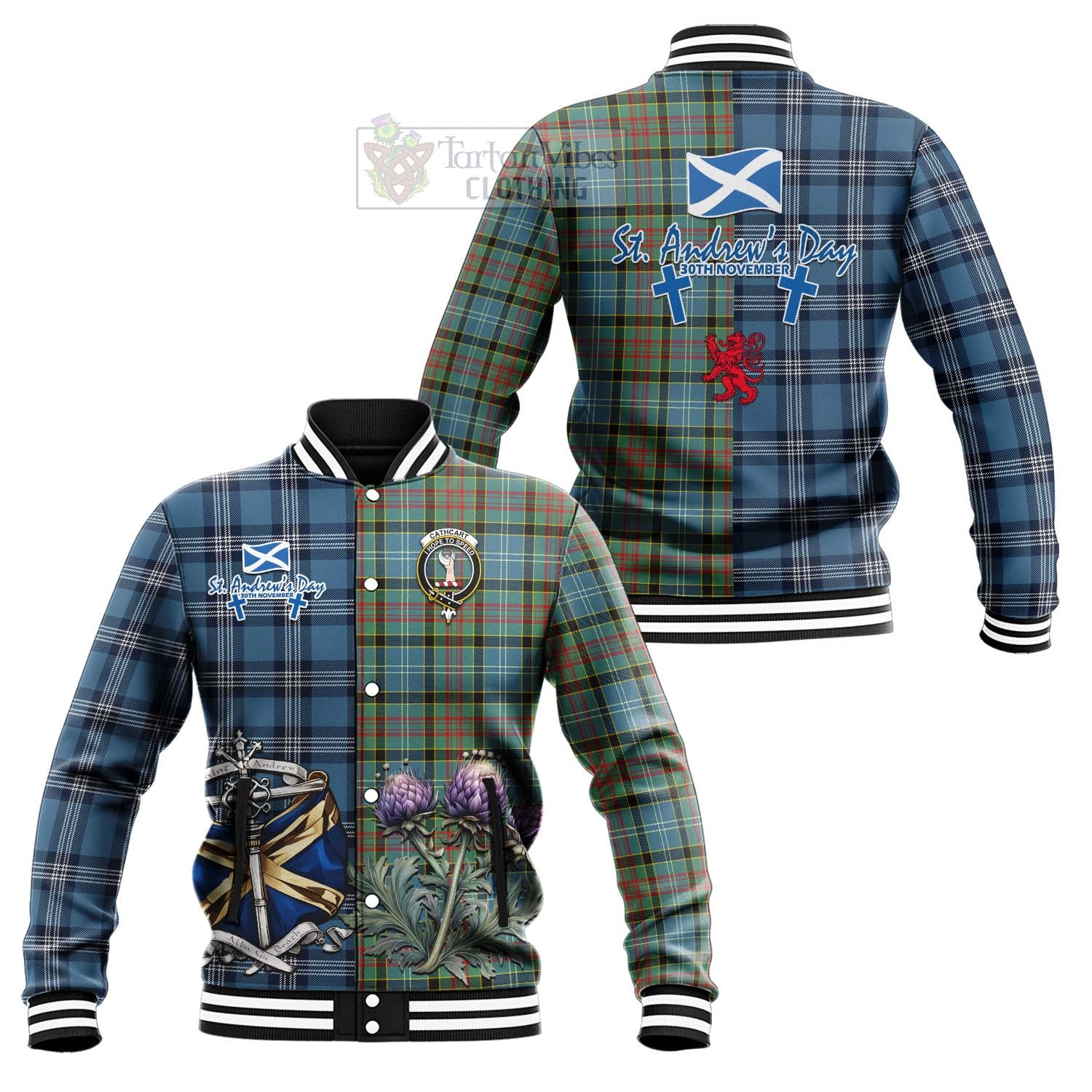 Tartan Vibes Clothing Cathcart Tartan Baseball Jacket Happy St. Andrew's Day Half Tartan Style