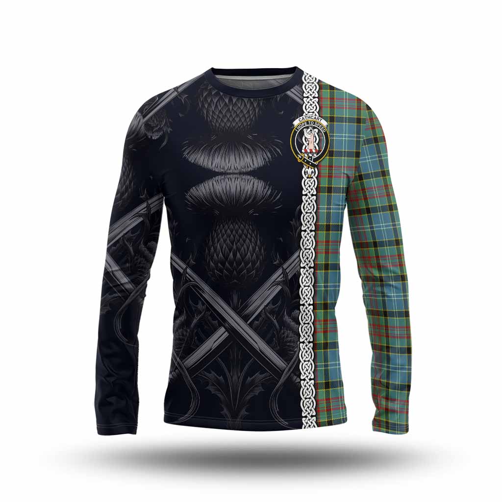 Tartan Vibes Clothing Cathcart Tartan Long Sleeve T-Shirt with Family Crest Cross Sword Thistle Celtic Vibes