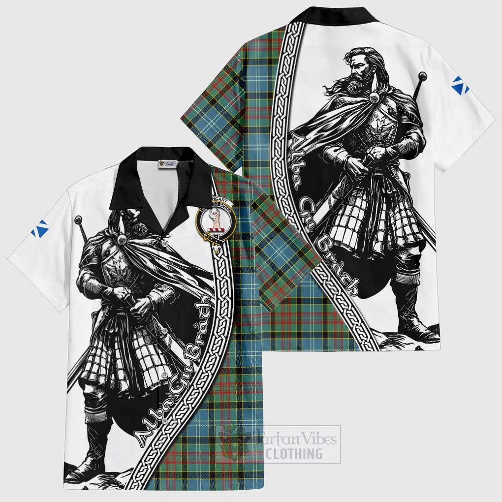 Tartan Vibes Clothing Cathcart Tartan Clan Crest Short Sleeve Button Shirt with Highlander Warrior Celtic Style