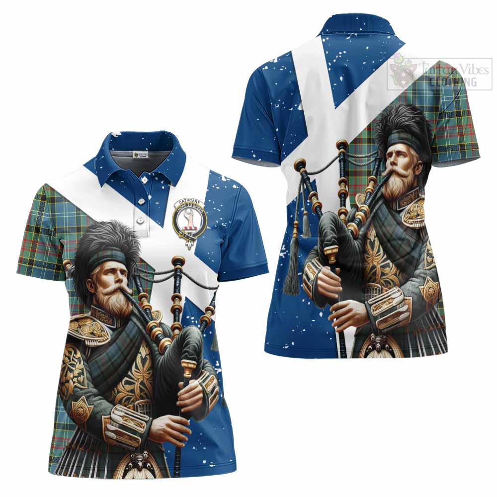 Tartan Vibes Clothing Cathcart Tartan Women's Polo Shirt with Family Crest Scottish Bagpiper Vibes