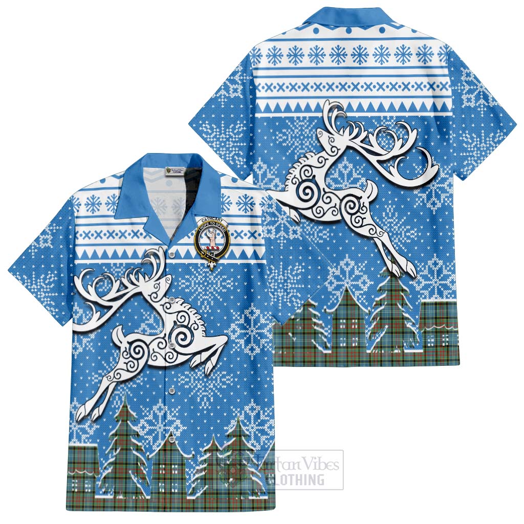 Tartan Vibes Clothing Cathcart Clan Christmas Short Sleeve Button Shirt Celtic Reindeer Style