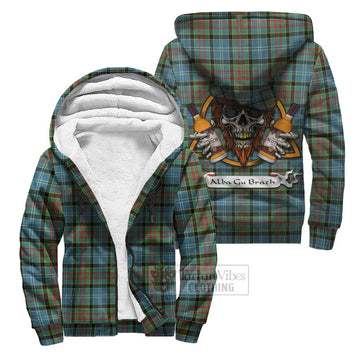 Cathcart Tartan Sherpa Hoodie with Family Crest and Bearded Skull Holding Bottles of Whiskey