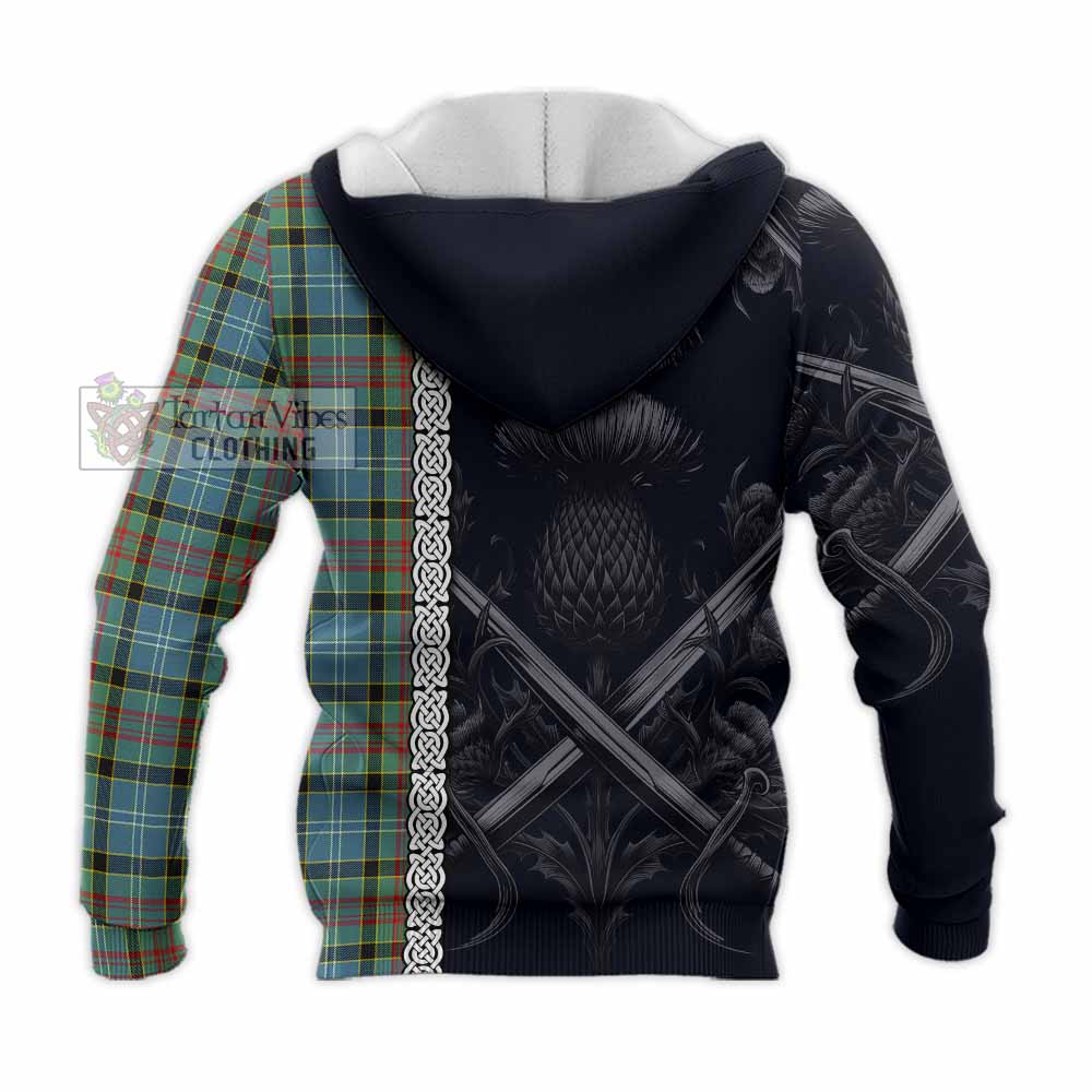 Tartan Vibes Clothing Cathcart Tartan Knitted Hoodie with Family Crest Cross Sword Thistle Celtic Vibes