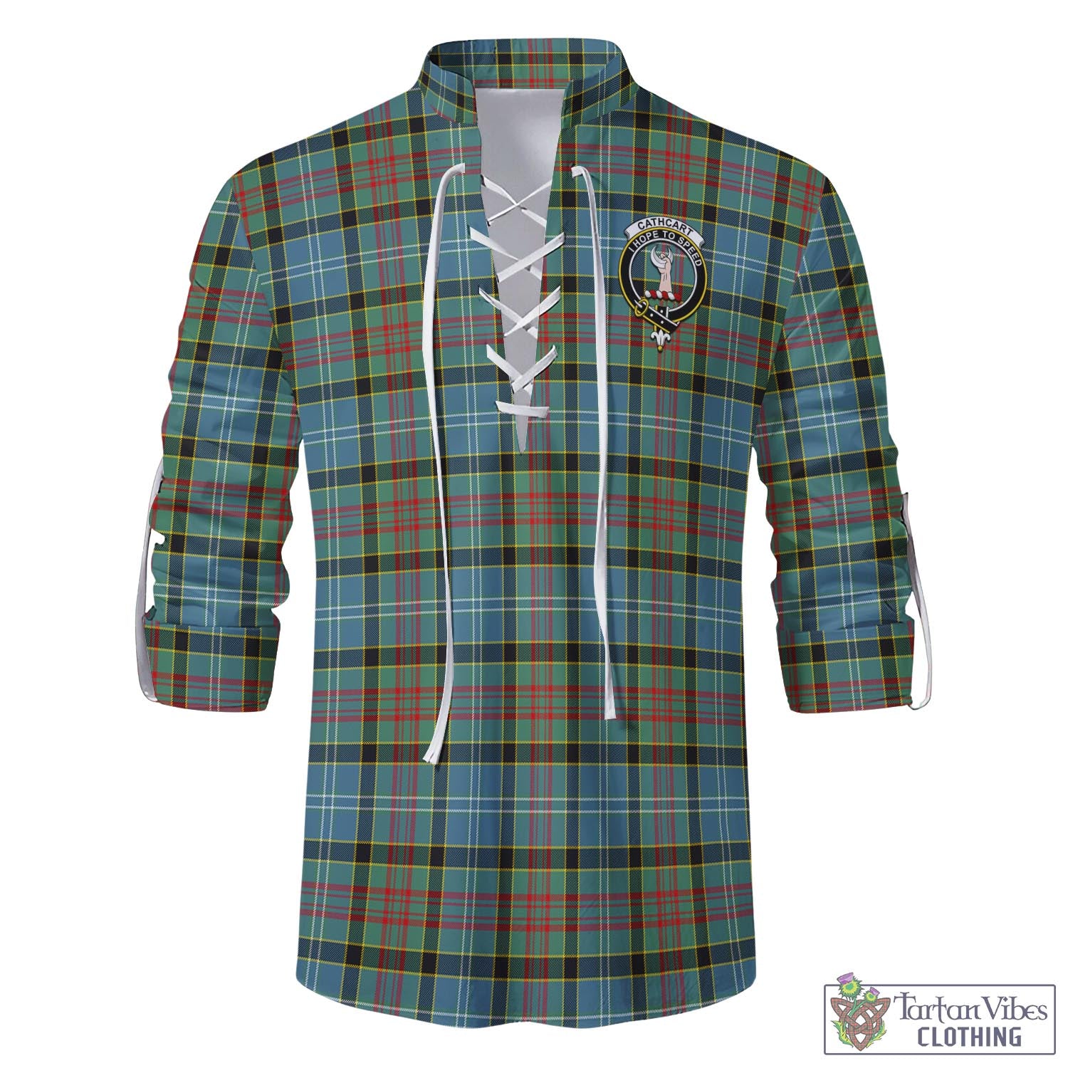 Tartan Vibes Clothing Cathcart Tartan Men's Scottish Traditional Jacobite Ghillie Kilt Shirt with Family Crest