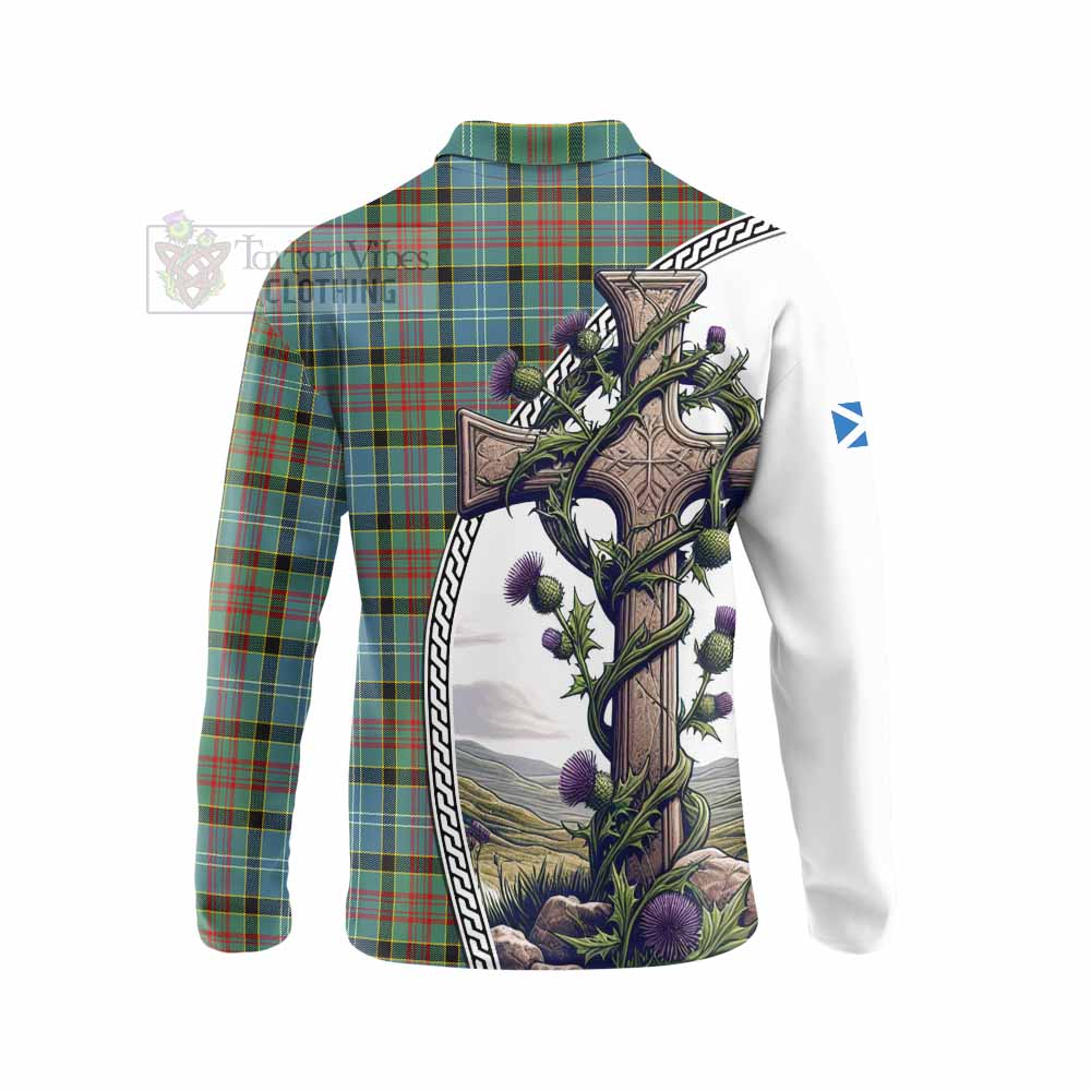 Tartan Vibes Clothing Cathcart Tartan Long Sleeve Polo Shirt with Family Crest and St. Andrew's Cross Accented by Thistle Vines