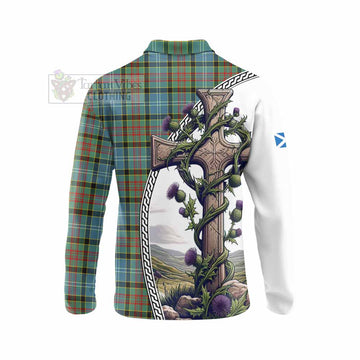 Cathcart Tartan Long Sleeve Polo Shirt with Family Crest and St. Andrew's Cross Accented by Thistle Vines