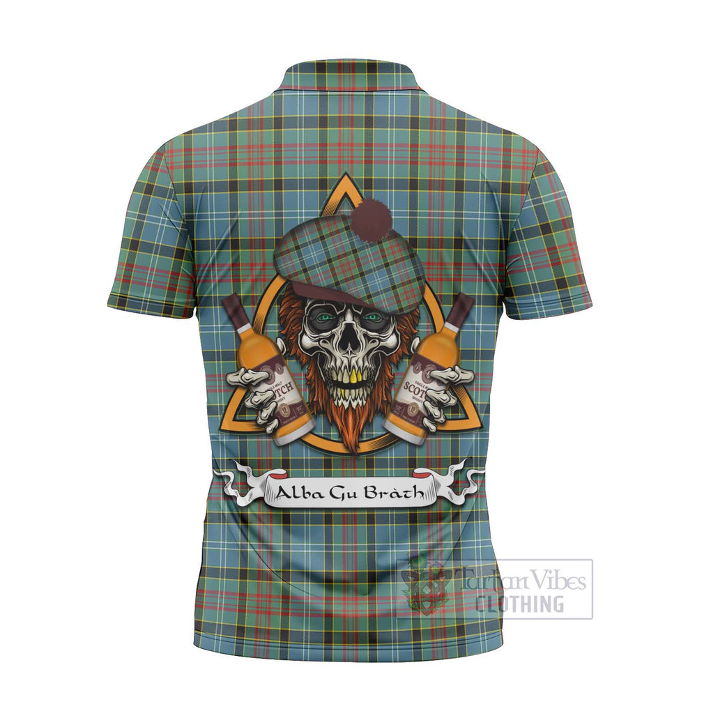 Tartan Vibes Clothing Cathcart Tartan Zipper Polo Shirt with Family Crest and Bearded Skull Holding Bottles of Whiskey