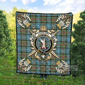 Cathcart Tartan Quilt with Family Crest and Golden Thistle Crossed Sword Design