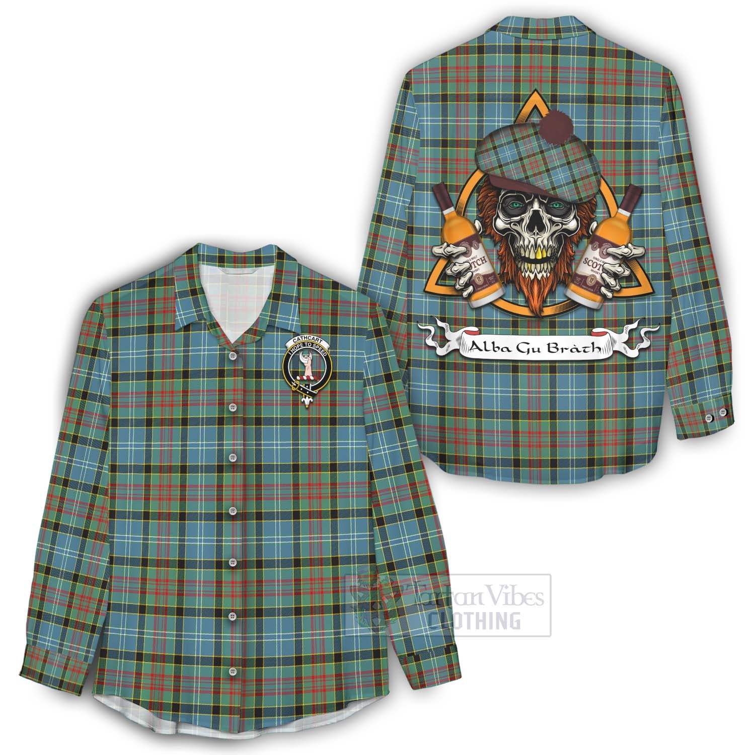 Tartan Vibes Clothing Cathcart Tartan Women's Casual Shirt with Family Crest and Bearded Skull Holding Bottles of Whiskey