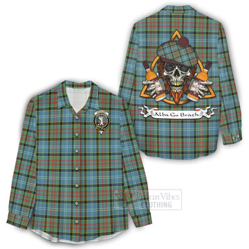 Cathcart Tartan Women's Casual Shirt with Family Crest and Bearded Skull Holding Bottles of Whiskey