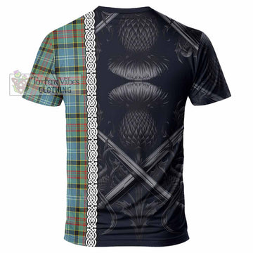 Cathcart Tartan T-Shirt with Family Crest Cross Sword Thistle Celtic Vibes