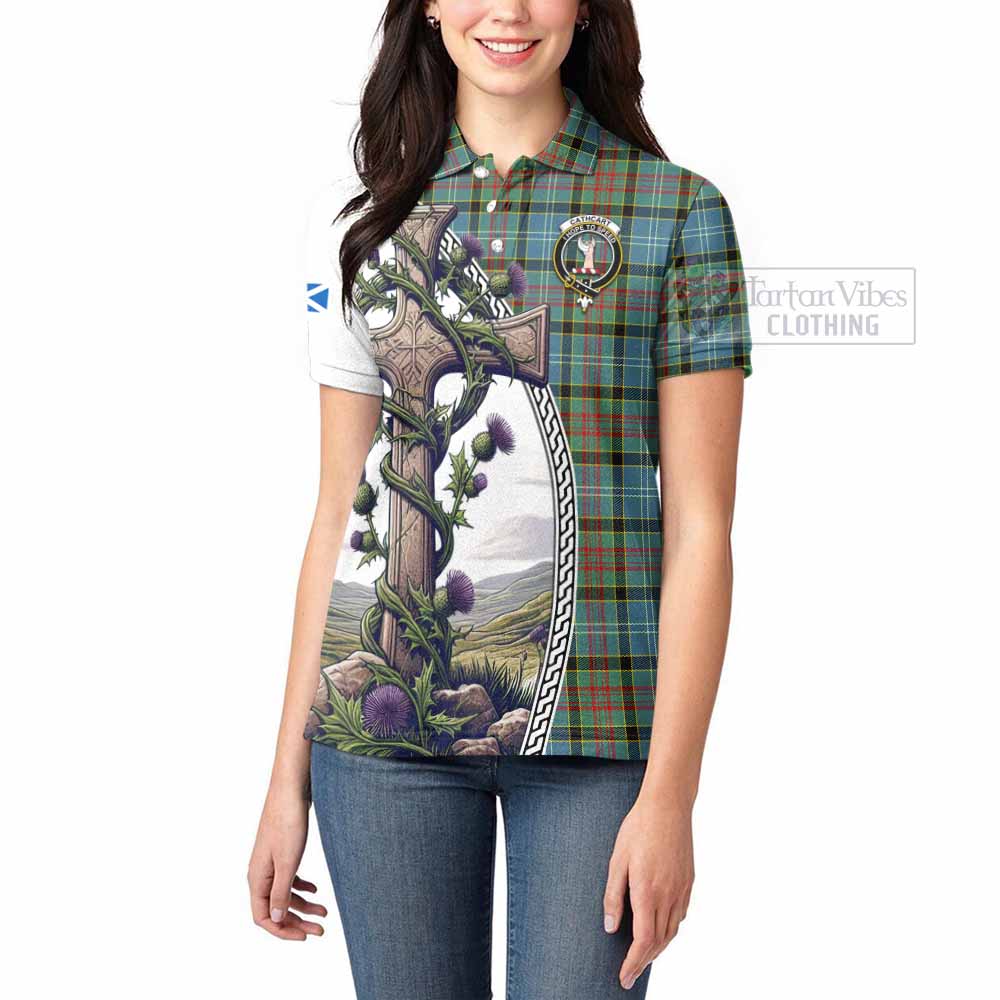 Tartan Vibes Clothing Cathcart Tartan Women's Polo Shirt with Family Crest and St. Andrew's Cross Accented by Thistle Vines