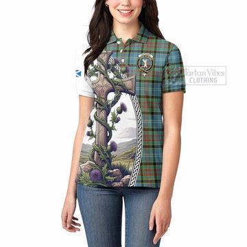 Cathcart Tartan Women's Polo Shirt with Family Crest and St. Andrew's Cross Accented by Thistle Vines