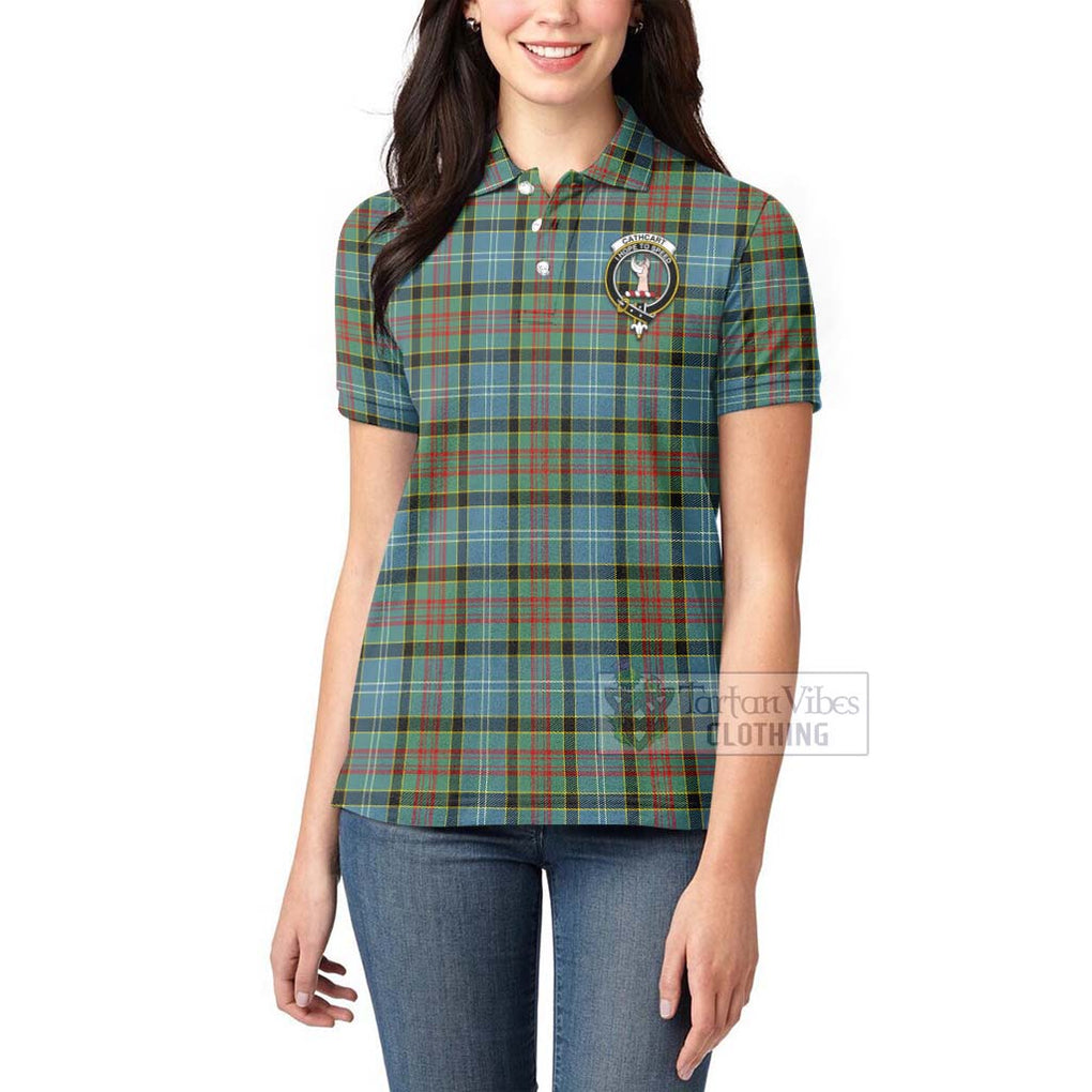 Tartan Vibes Clothing Cathcart Tartan Women's Polo Shirt with Family Crest and Bearded Skull Holding Bottles of Whiskey