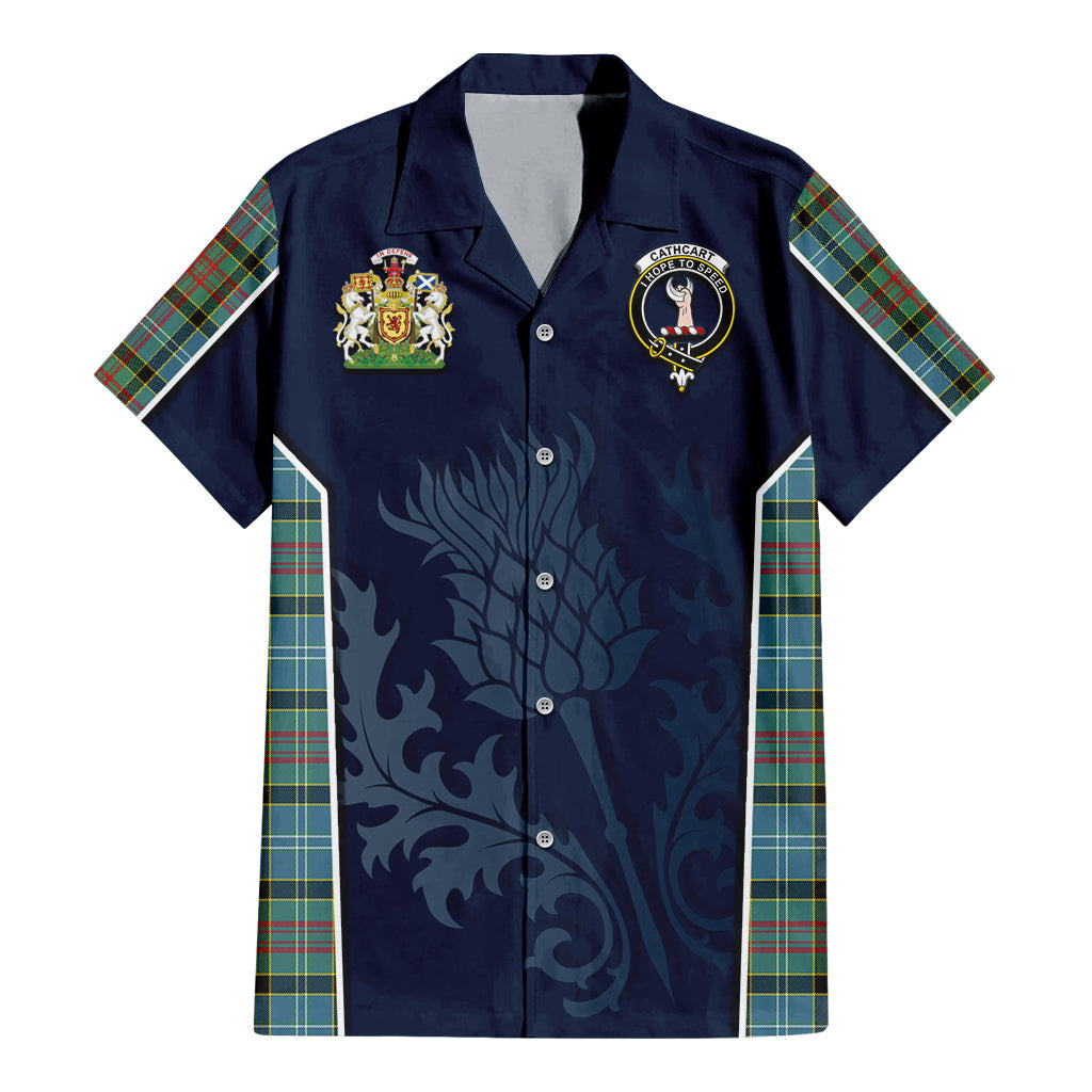 Tartan Vibes Clothing Cathcart Tartan Short Sleeve Button Up Shirt with Family Crest and Scottish Thistle Vibes Sport Style