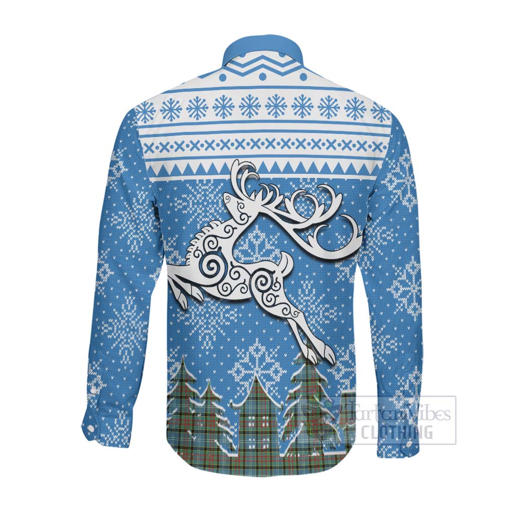 Tartan Vibes Clothing Cathcart Clan Christmas Long Sleeve Button Shirt Celtic Reindeer Style