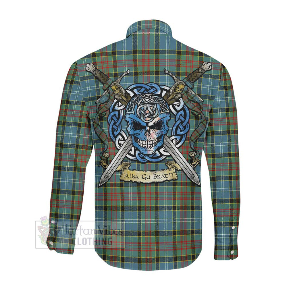 Tartan Vibes Clothing Cathcart Tartan Long Sleeve Button Shirt with Family Crest Celtic Skull Style