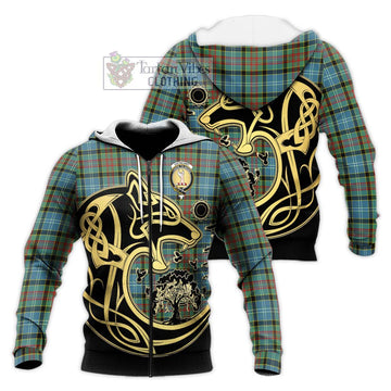 Cathcart Tartan Knitted Hoodie with Family Crest Celtic Wolf Style