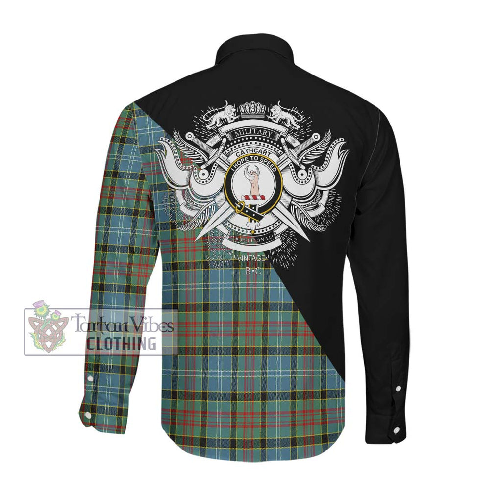 Cathcart Tartan Long Sleeve Button Shirt with Family Crest and Military Logo Style Men's Shirt - Tartanvibesclothing Shop