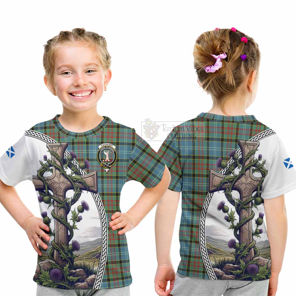 Tartan Vibes Clothing Cathcart Tartan Kid T-Shirt with Family Crest and St. Andrew's Cross Accented by Thistle Vines