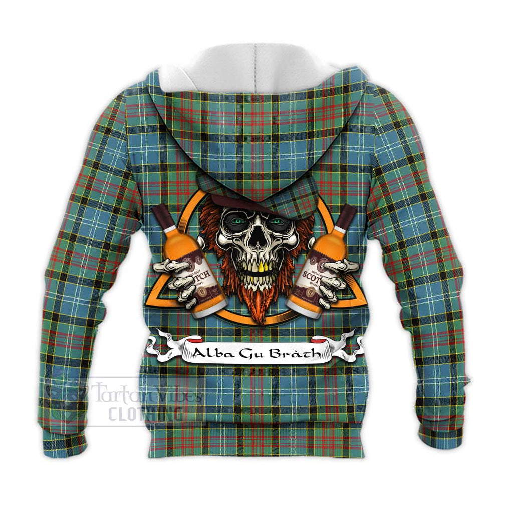 Tartan Vibes Clothing Cathcart Tartan Knitted Hoodie with Family Crest and Bearded Skull Holding Bottles of Whiskey