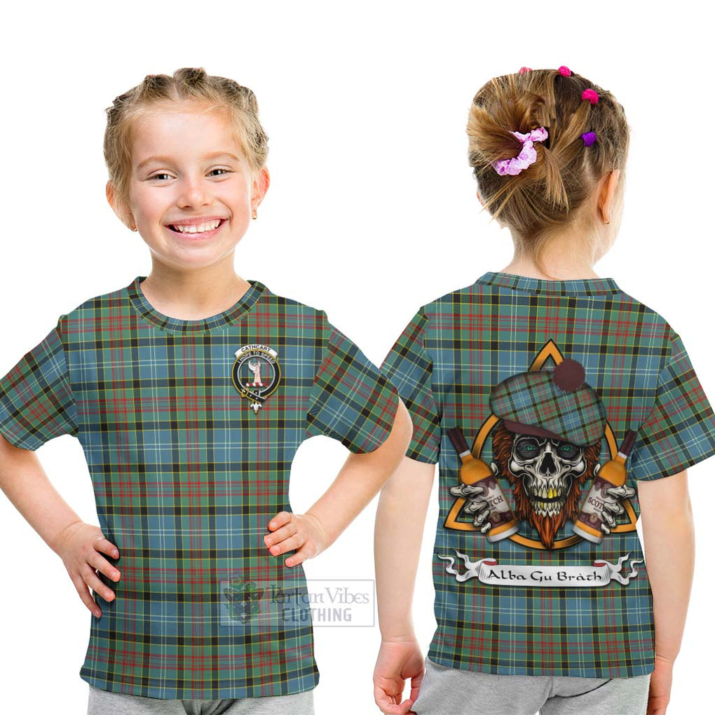 Tartan Vibes Clothing Cathcart Tartan Kid T-Shirt with Family Crest and Bearded Skull Holding Bottles of Whiskey