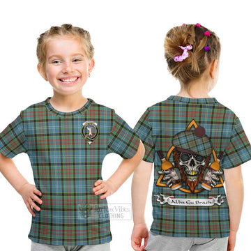 Cathcart Tartan Kid T-Shirt with Family Crest and Bearded Skull Holding Bottles of Whiskey