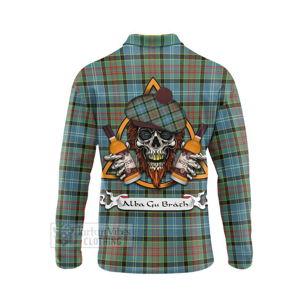 Tartan Vibes Clothing Cathcart Tartan Long Sleeve Polo Shirt with Family Crest and Bearded Skull Holding Bottles of Whiskey